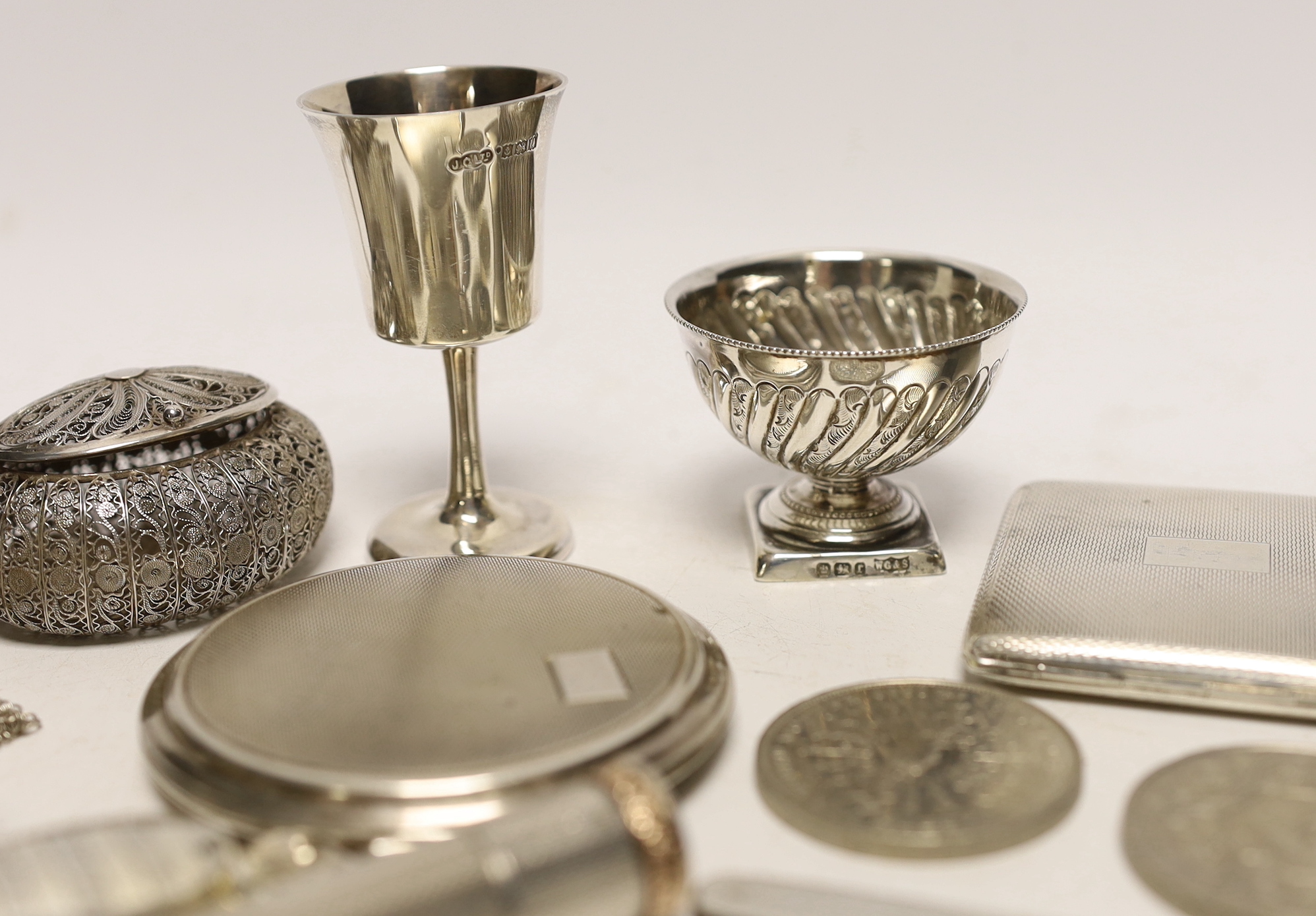 Sundry small silver and white metal items including two silver compacts, penknife, pedestal salt, Japanese sterling condiment, tot, evening bag, filigree box, lipstick holder, bookmark etc.